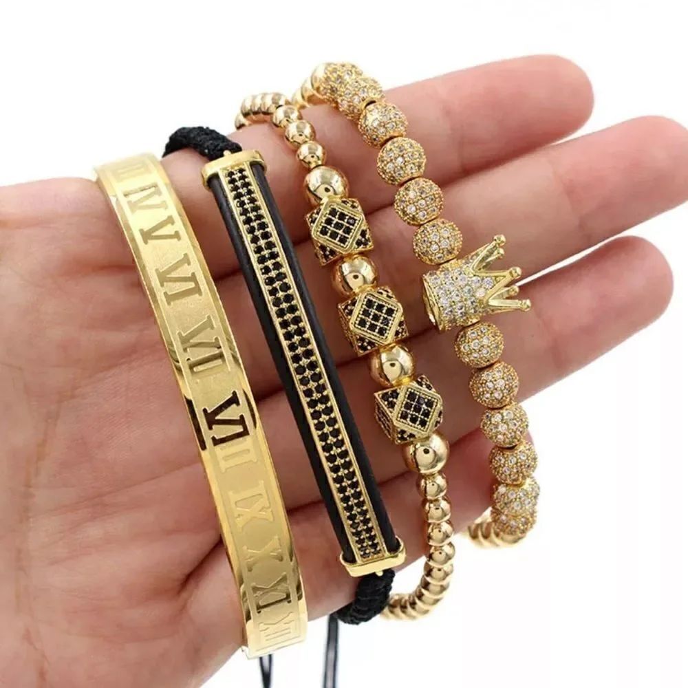 👑18K Gold 4 Pieces/Set Men Iced Out Stainless Steel Engraved Charm Brace…